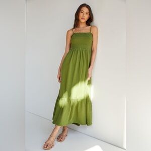 Anthropologie Flounced Cotton Maxi Dress Grass Green | Size M